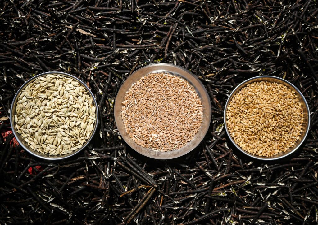 three bowls of grains