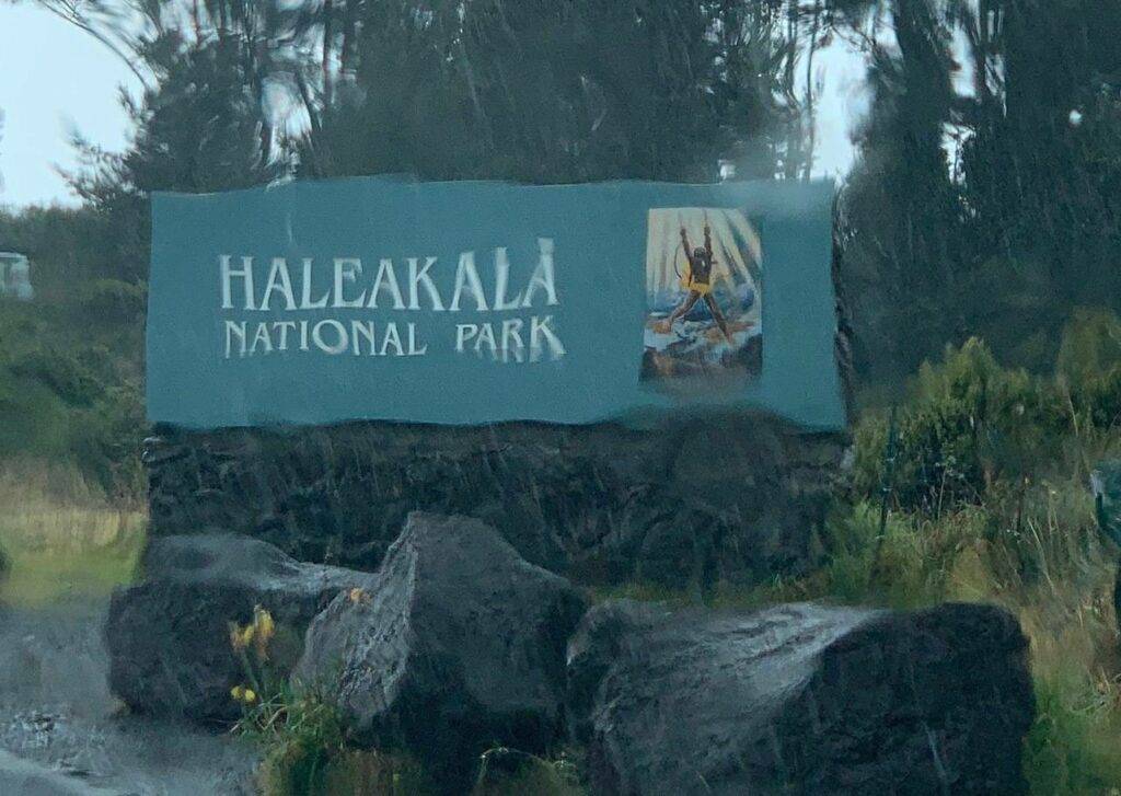 Haleakala National Park sign in the rain