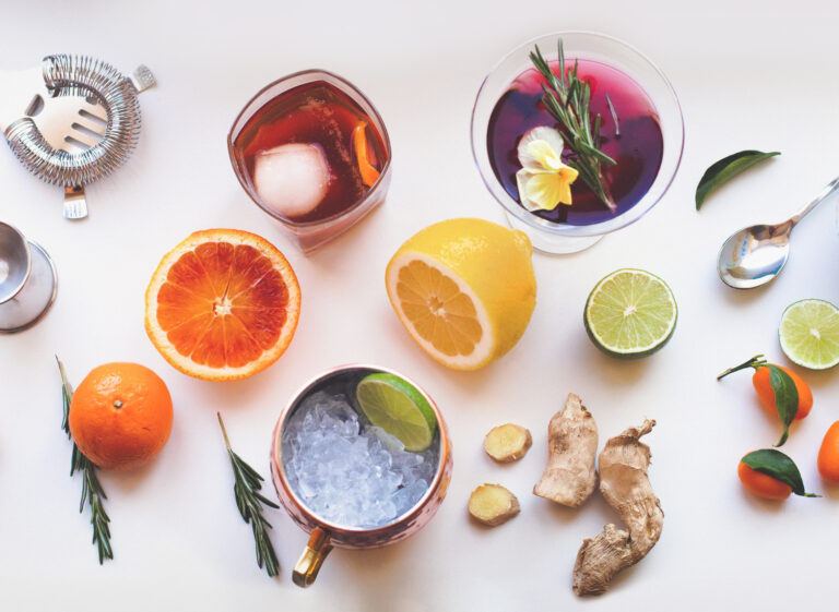 A variety of fruits and drinks.