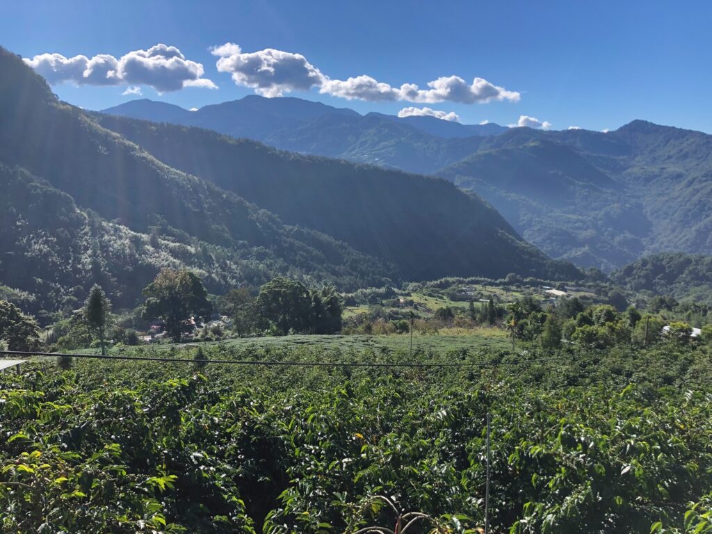 green mountains overlooking farm