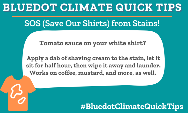 Climate Quick Tip: SOS (Save Our Shirts) from Stains! Tomato sauce on your white shirt? Apply a dab of shaving cream to the stain, let it sit for half hour, then wipe it away and launder. Works on coffee, mustard, and more, as well. Shaving cream removes stains on clothes and carpets! Check out Bluedot’s Guide to (Eco) Clean Clothes.